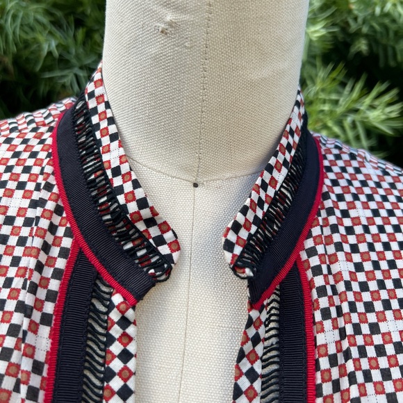 Tory, Burch, top, size 8, color, off-white, black, and red checkerboard pattern. - Picture 8 of 14